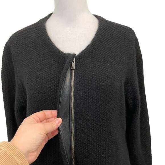 EILEEN FISHER Yak Merino Wool Leather Trim Cardigan Sweater Black Medium Petite - Picture 2 of 8